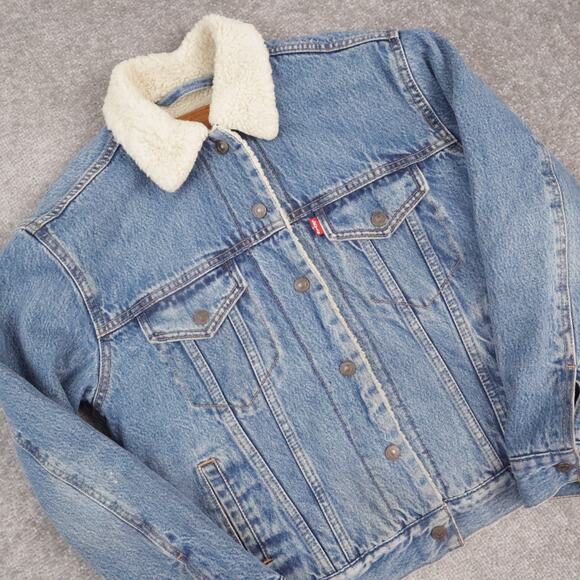 Levi's Sherpa Lined Denim Trucker XS Blue Long Sleeve Snap Light Wash Jacket - Picture 7 of 9